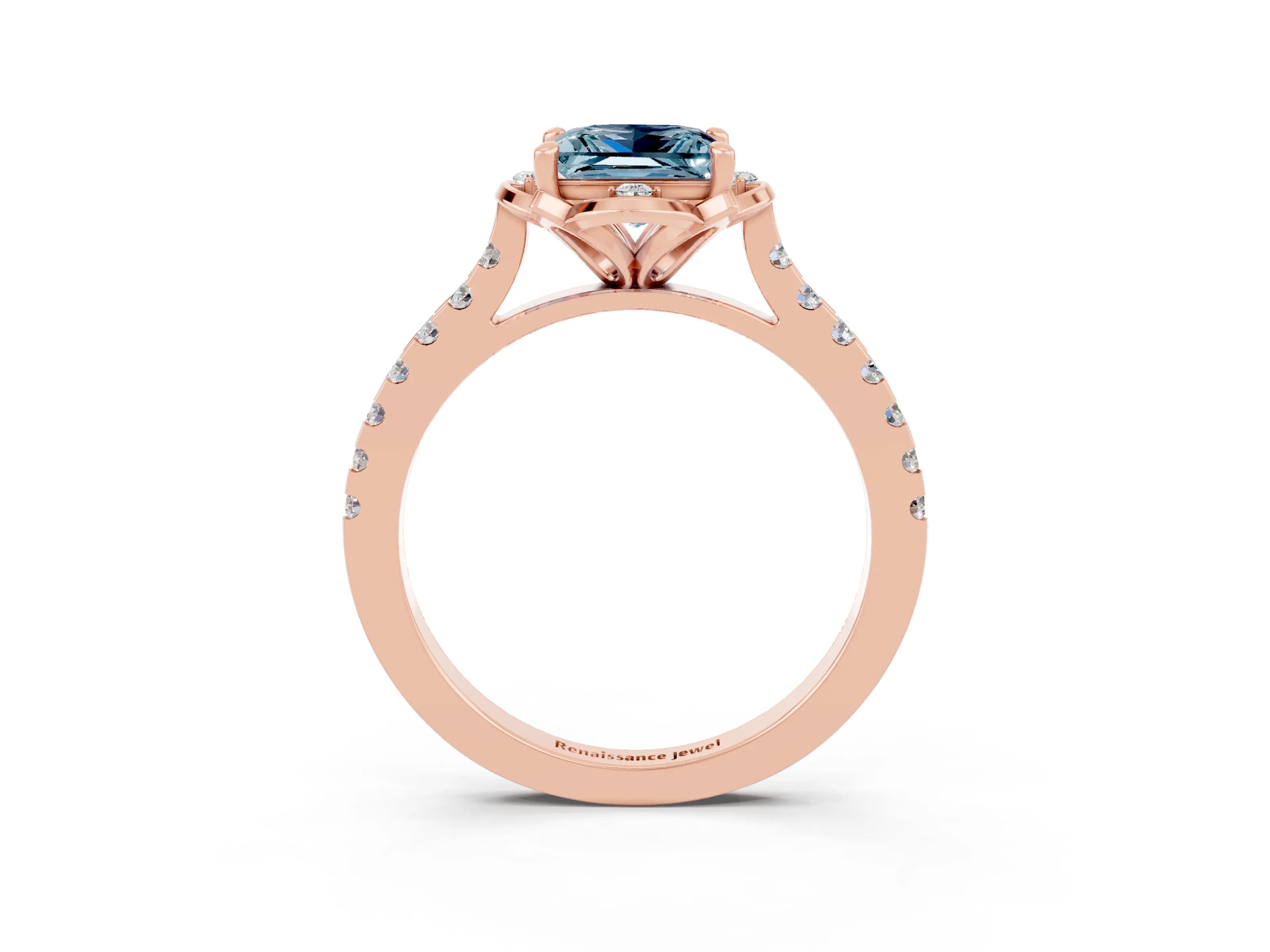 Rose gold Princess Cut Aquamarine Ring with Pavé Band and Floral Prong Setting_3
