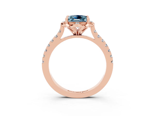 Rose gold Princess Cut Aquamarine Ring with Pavé Band and Floral Prong Setting