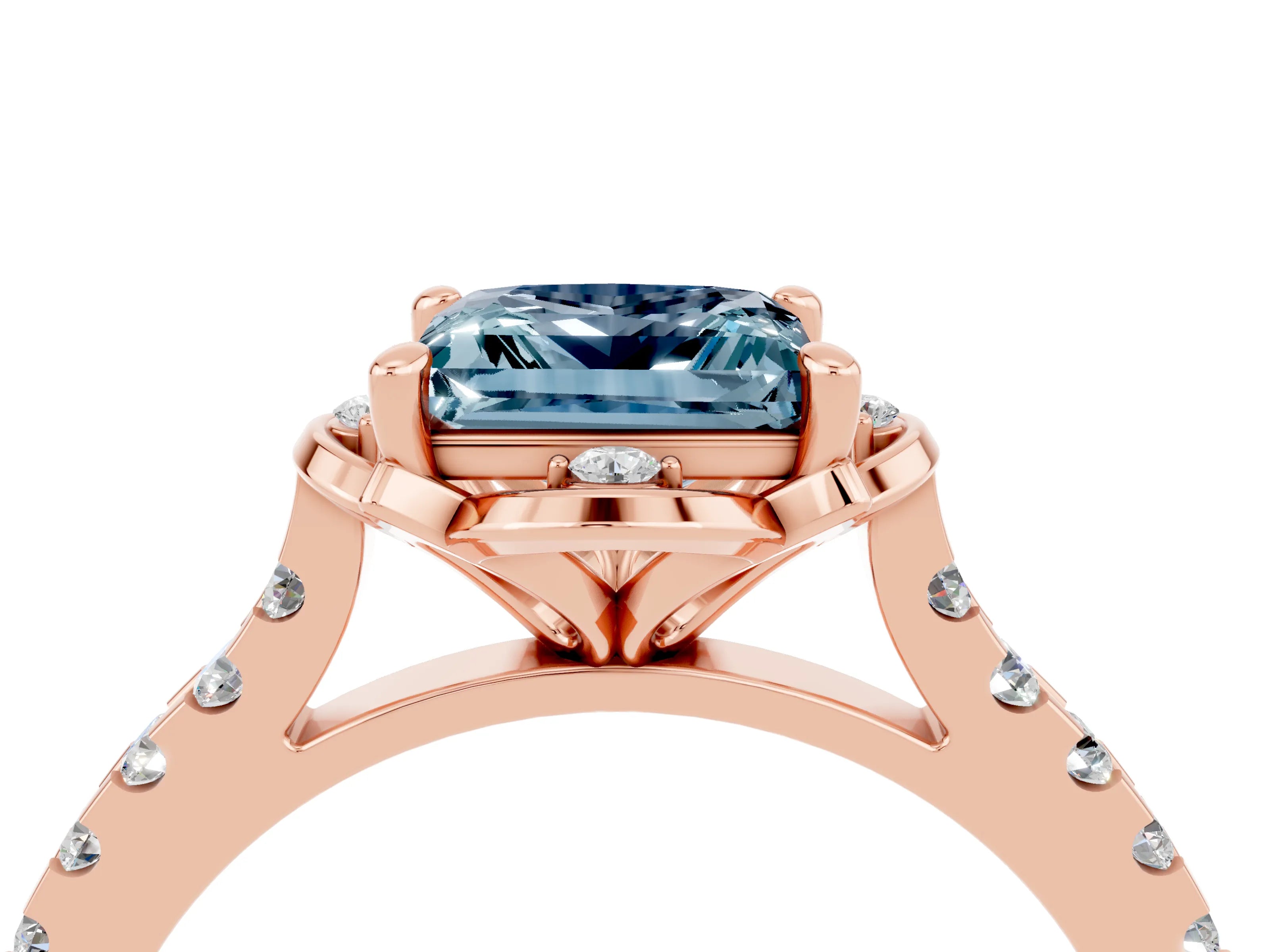 Rose gold Princess Cut Aquamarine Ring with Pavé Band and Floral Prong Setting_4