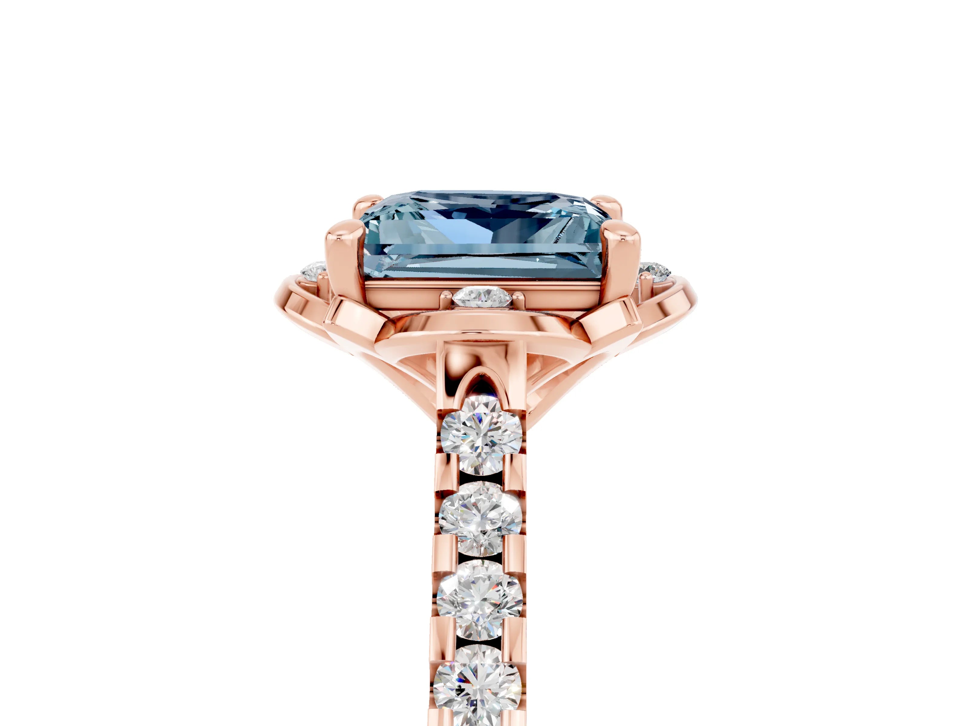 Rose gold Princess Cut Aquamarine Ring with Pavé Band and Floral Prong Setting_5