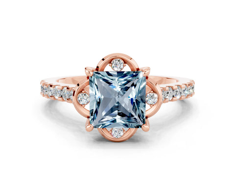 Rose gold Princess Cut Aquamarine Ring with Pavé Band and Floral Prong Setting