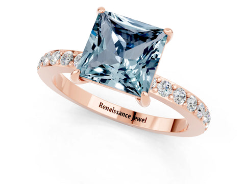Rose gold Princess Cut Aquamarine Ring with Pavé Band and Four-Prong Setting_1