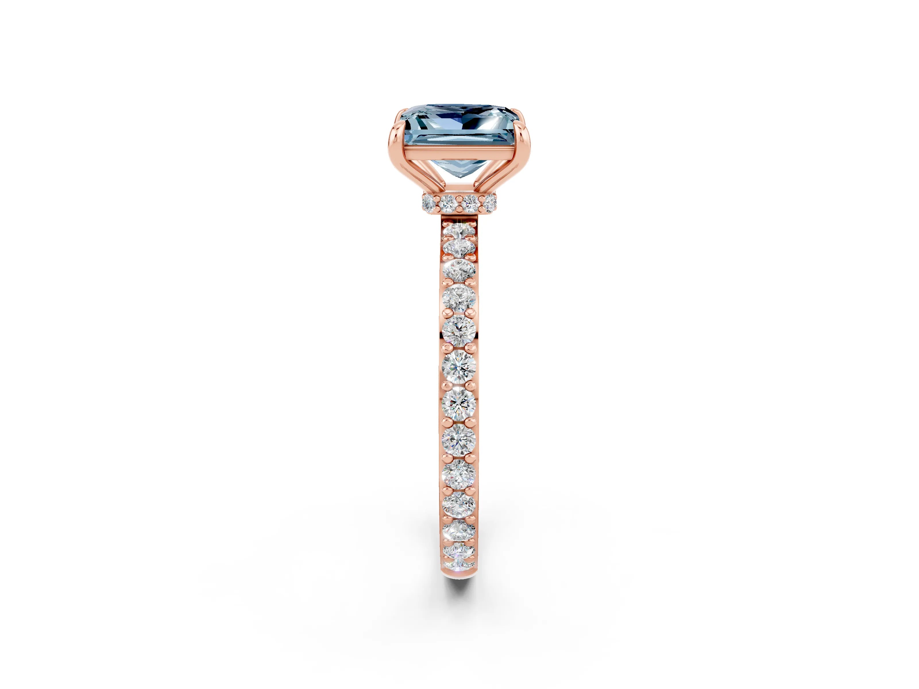 Rose gold Princess Cut Aquamarine Ring with Pavé Band and Four-Prong Setting_2