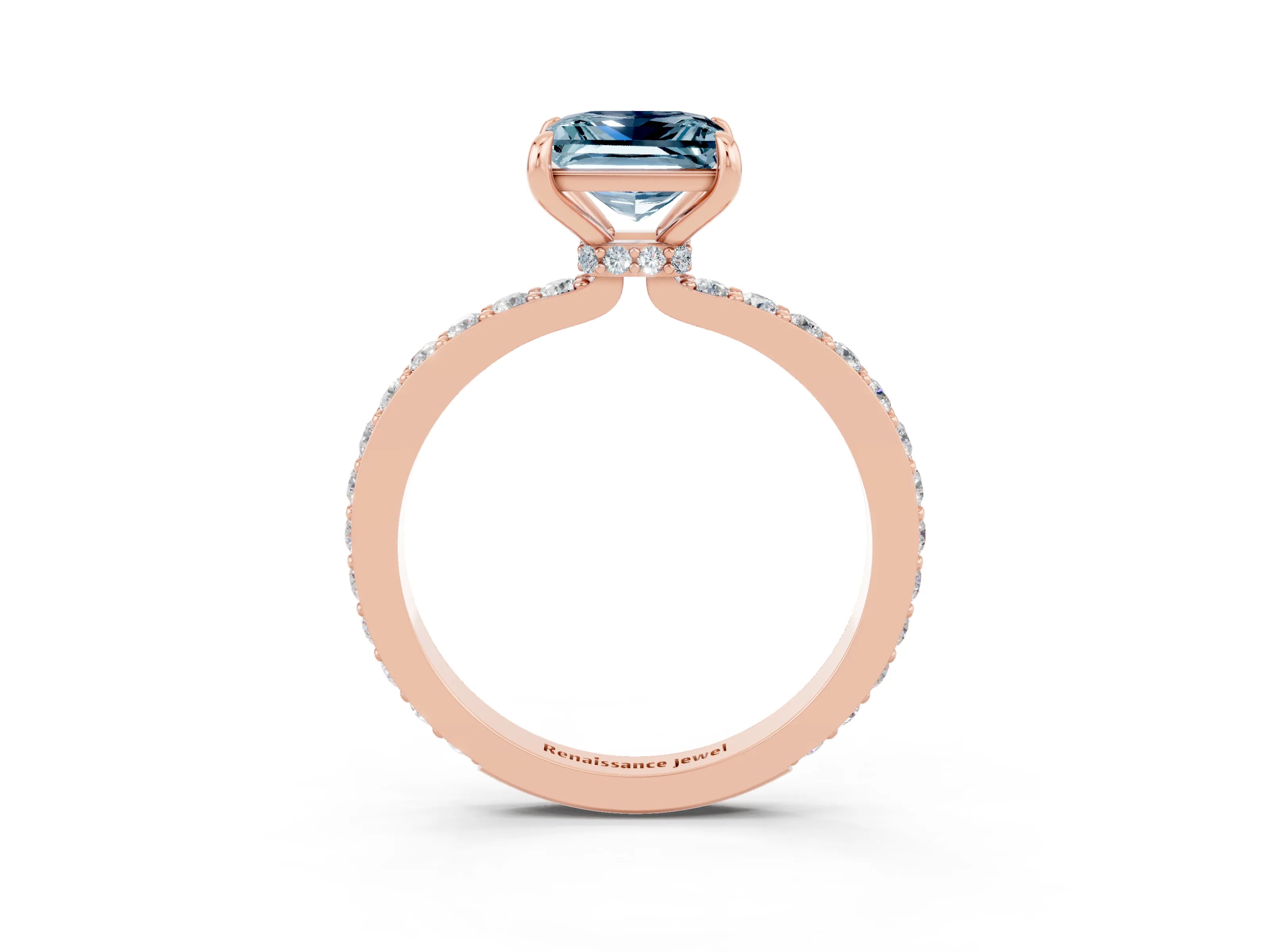 Rose gold Princess Cut Aquamarine Ring with Pavé Band and Four-Prong Setting_3