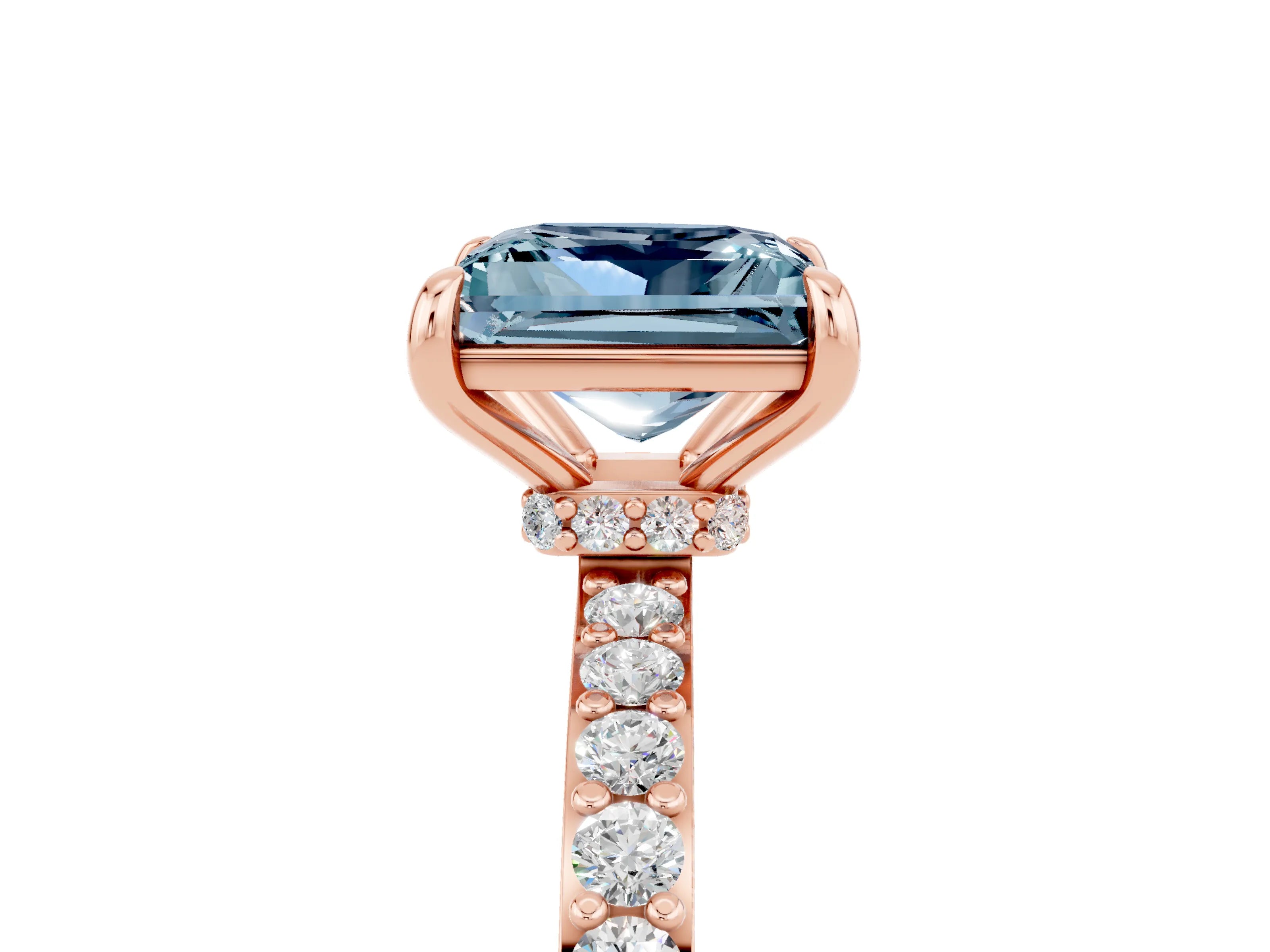 Rose gold Princess Cut Aquamarine Ring with Pavé Band and Four-Prong Setting_5