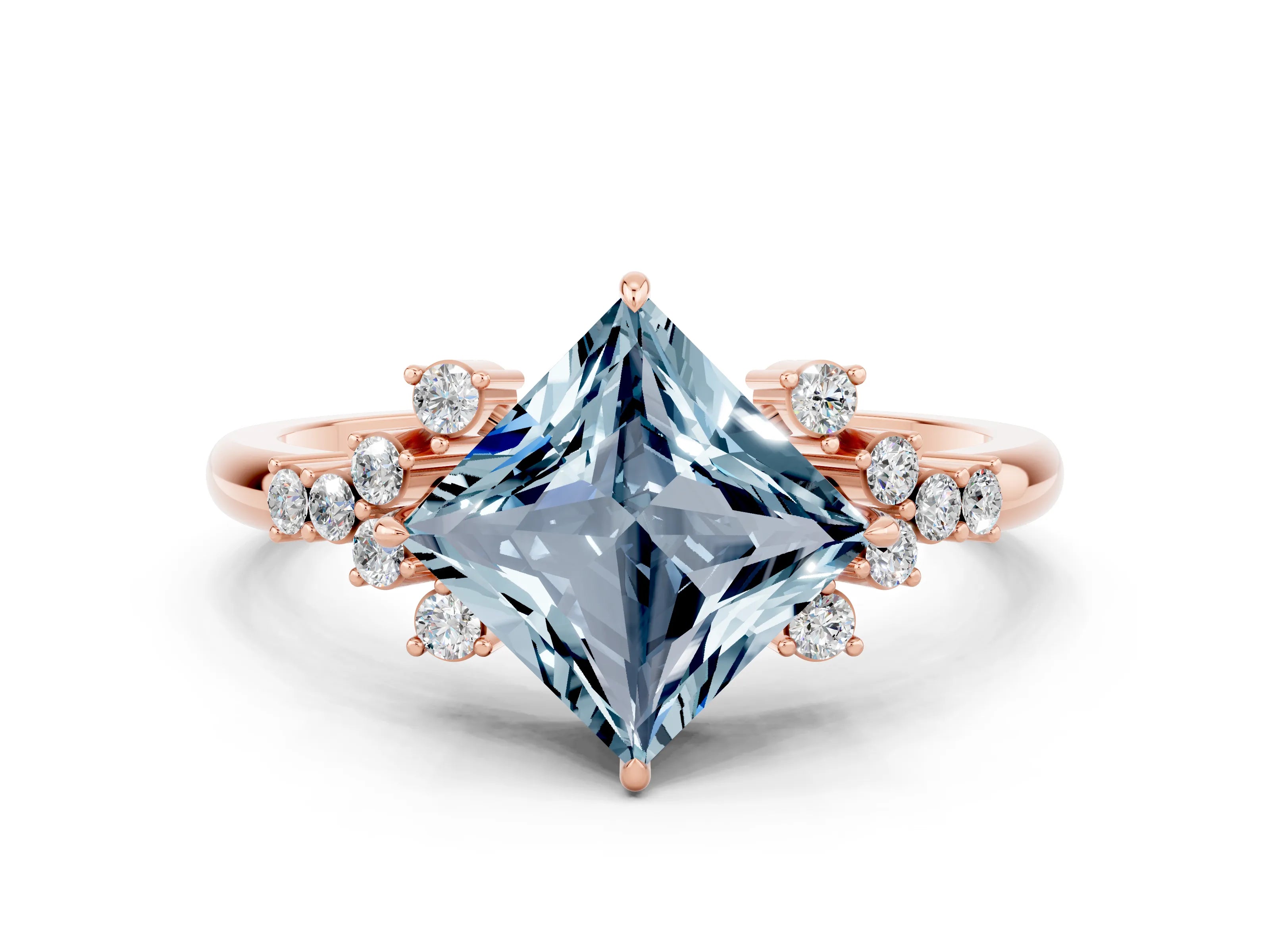 Rose gold Princess Cut Aquamarine Ring with Side Stones and Four-Prong Setting_36