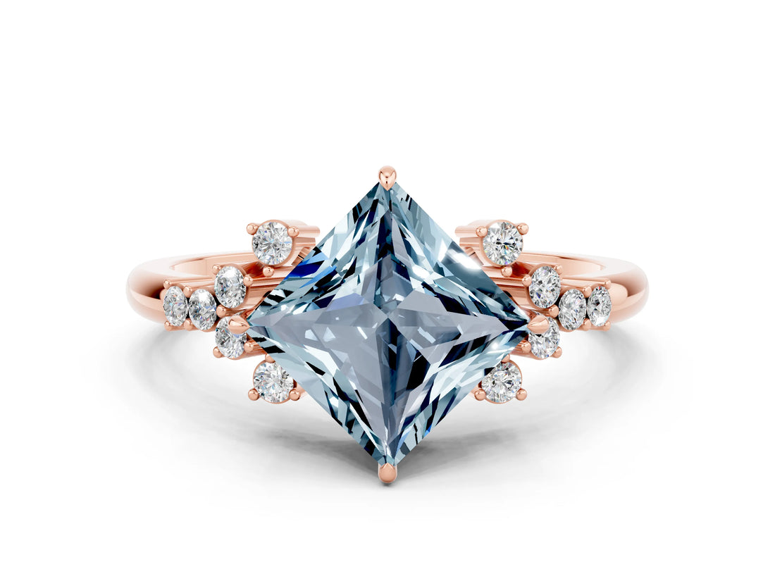 Rose gold Princess Cut Aquamarine Ring with Side Stones and Four-Prong Setting_36