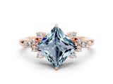Rose gold Princess Cut Aquamarine Ring with Side Stones and Four-Prong Setting_36