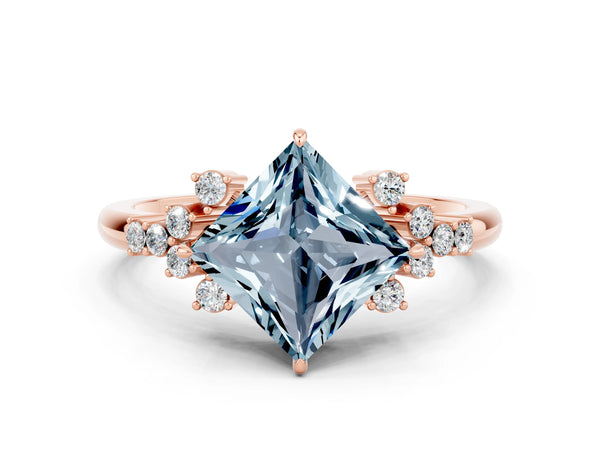 Rose gold Princess Cut Aquamarine Ring with Side Stones and Four-Prong Setting