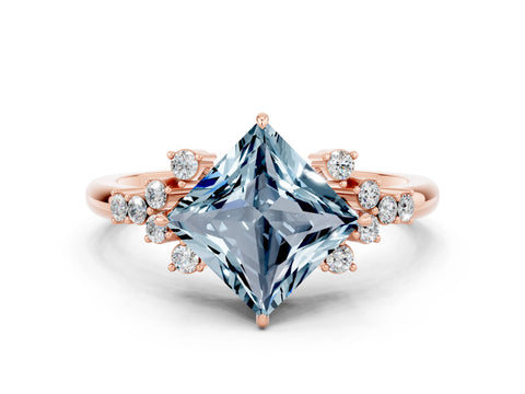 Rose gold Princess Cut Aquamarine Ring with Side Stones and Four-Prong Setting_36