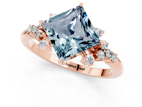 Rose gold Princess Cut Aquamarine Ring with Side Stones and Four-Prong Setting_37
