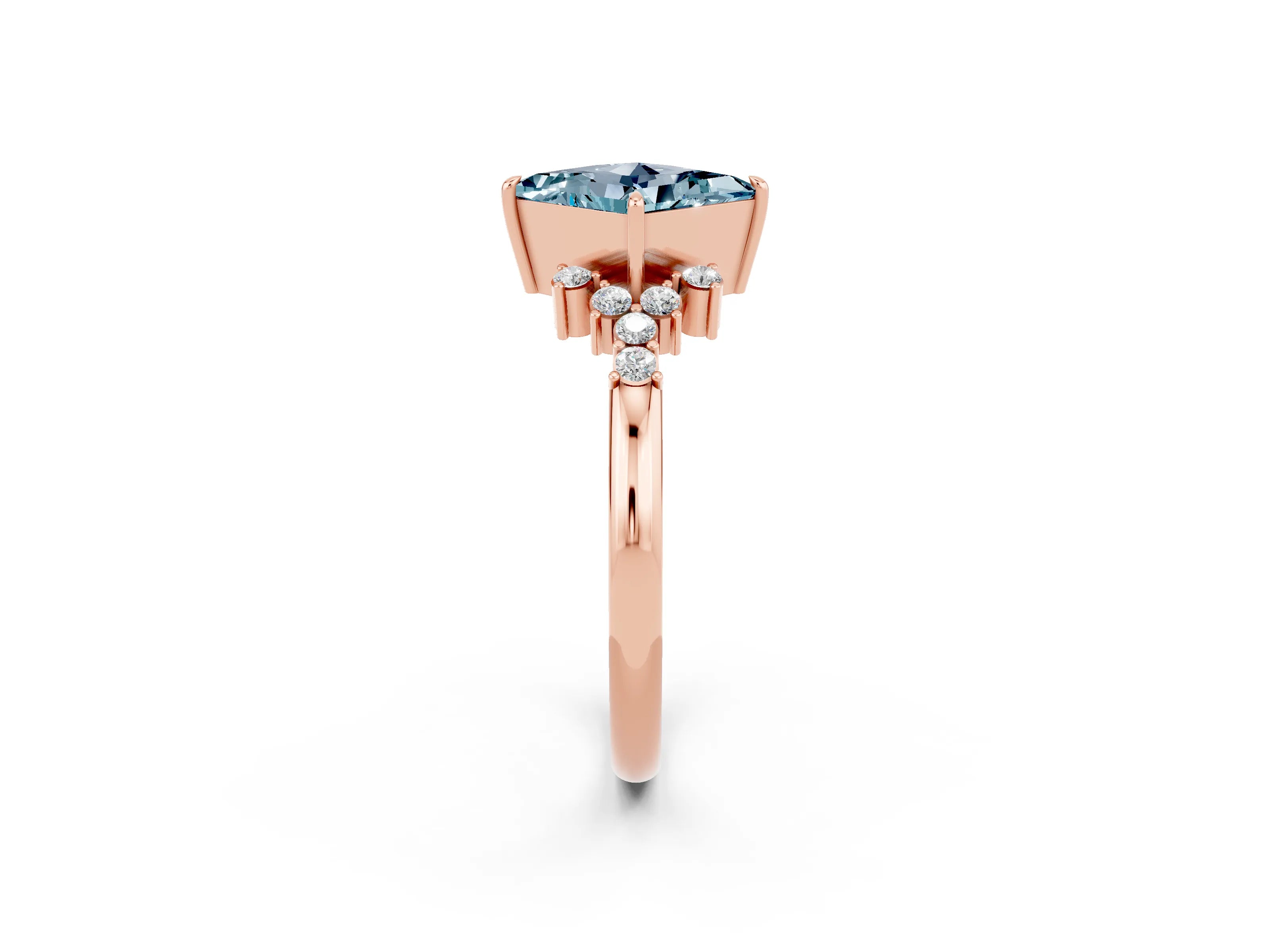 Rose gold Princess Cut Aquamarine Ring with Side Stones and Four-Prong Setting_38