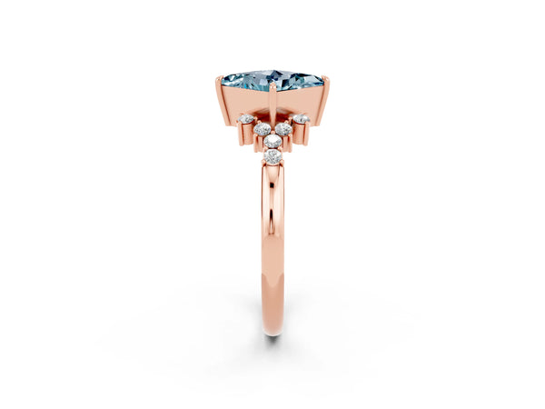 Rose gold Princess Cut Aquamarine Ring with Side Stones and Four-Prong Setting