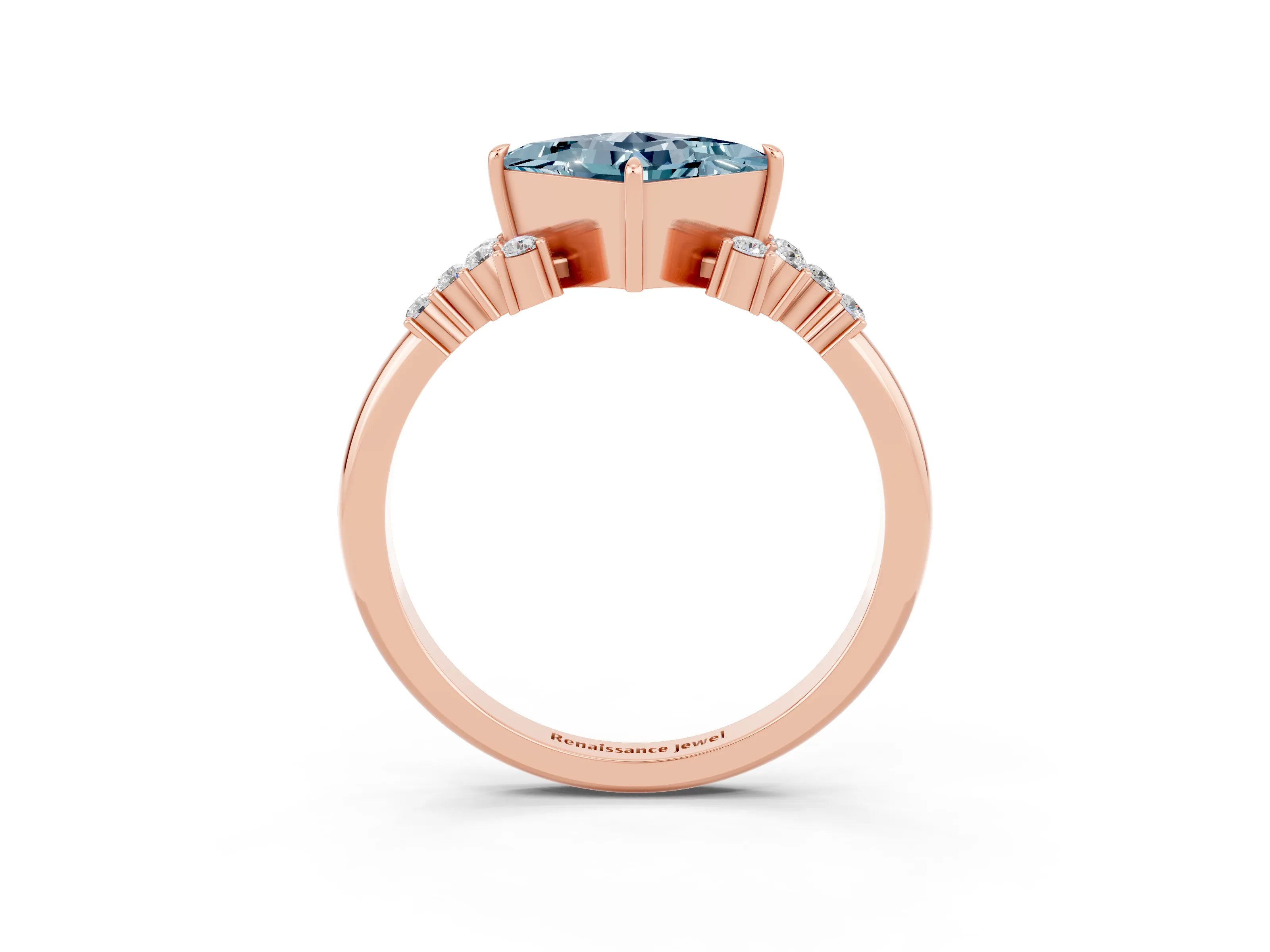 Rose gold Princess Cut Aquamarine Ring with Side Stones and Four-Prong Setting_39