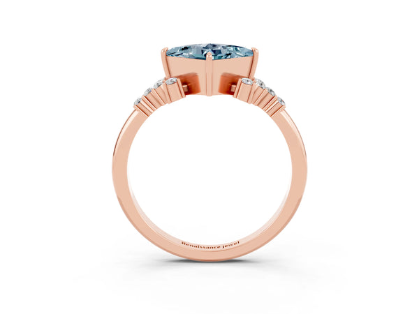 Rose gold Princess Cut Aquamarine Ring with Side Stones and Four-Prong Setting