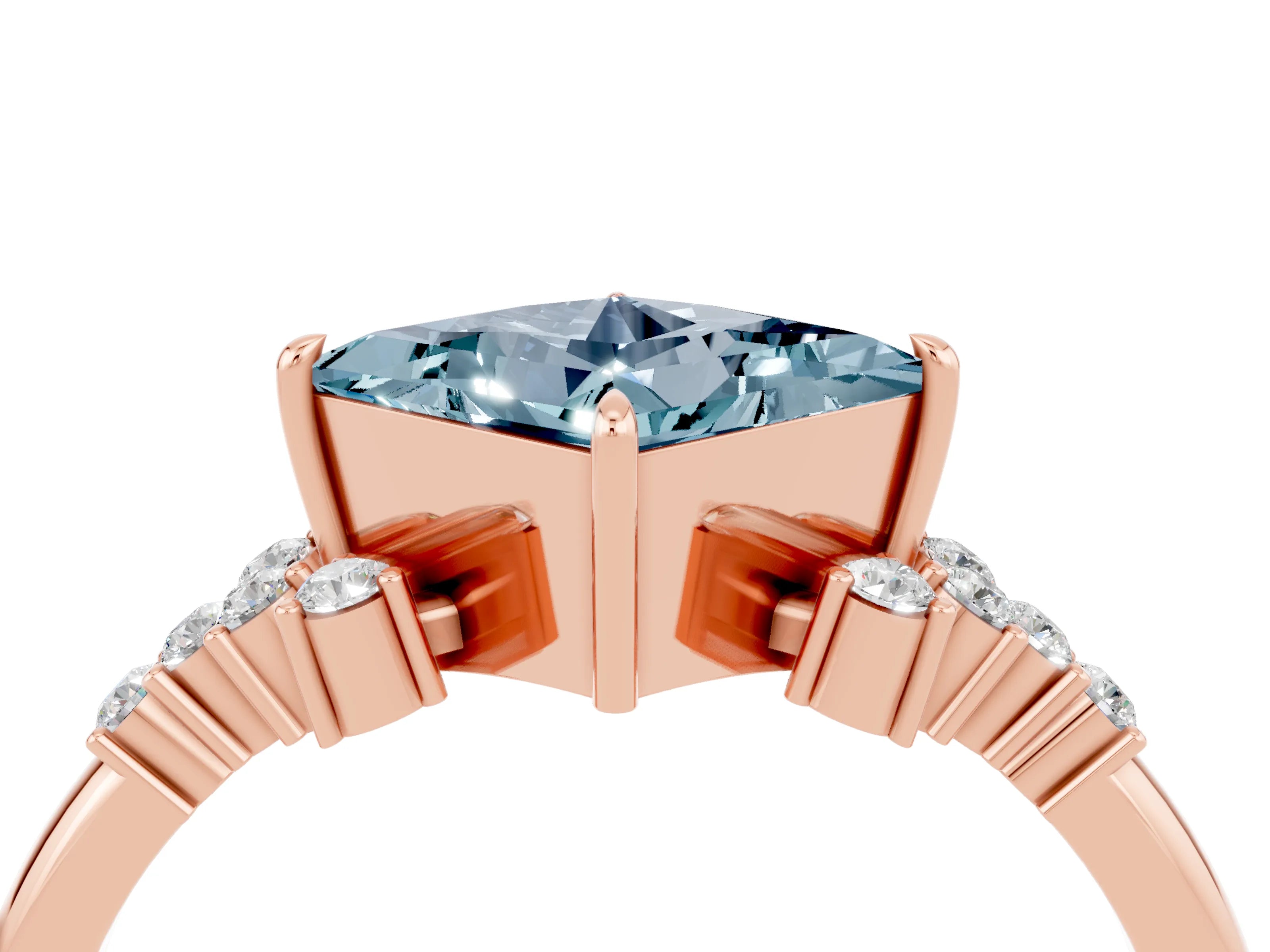 Rose gold Princess Cut Aquamarine Ring with Side Stones and Four-Prong Setting_40