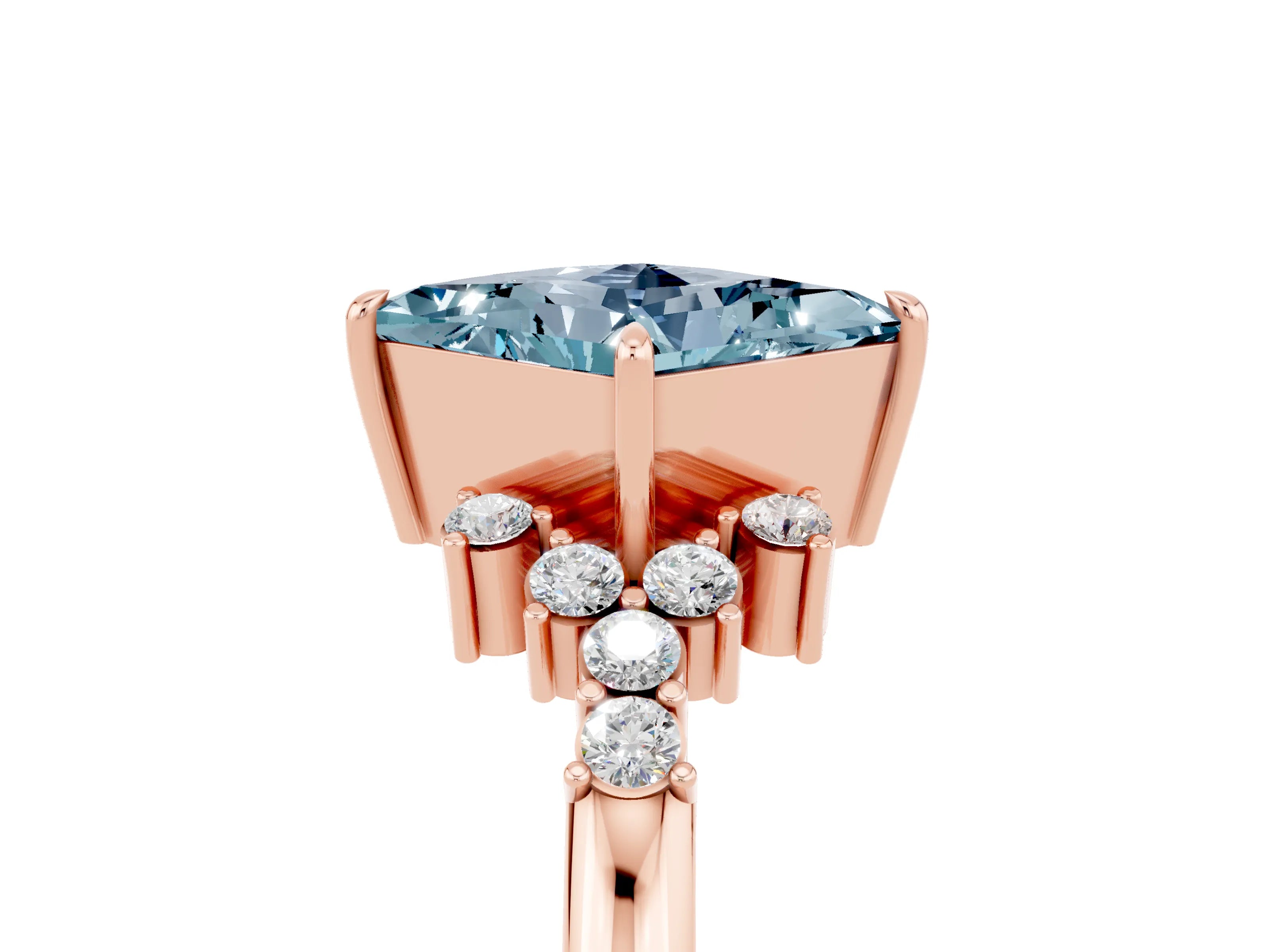 Rose gold Princess Cut Aquamarine Ring with Side Stones and Four-Prong Setting_41