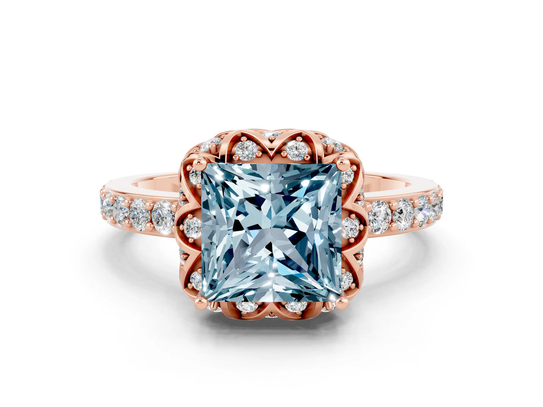 Rose gold Princess Cut Aquamarine Scalloped Halo Engagement Ring with Round Shared Prong Band_12