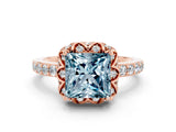 Rose gold Princess Cut Aquamarine Scalloped Halo Engagement Ring with Round Shared Prong Band_12