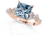 Rose gold Princess Cut Aquamarine Scattered Round Accent Ring with Prong Setting_28