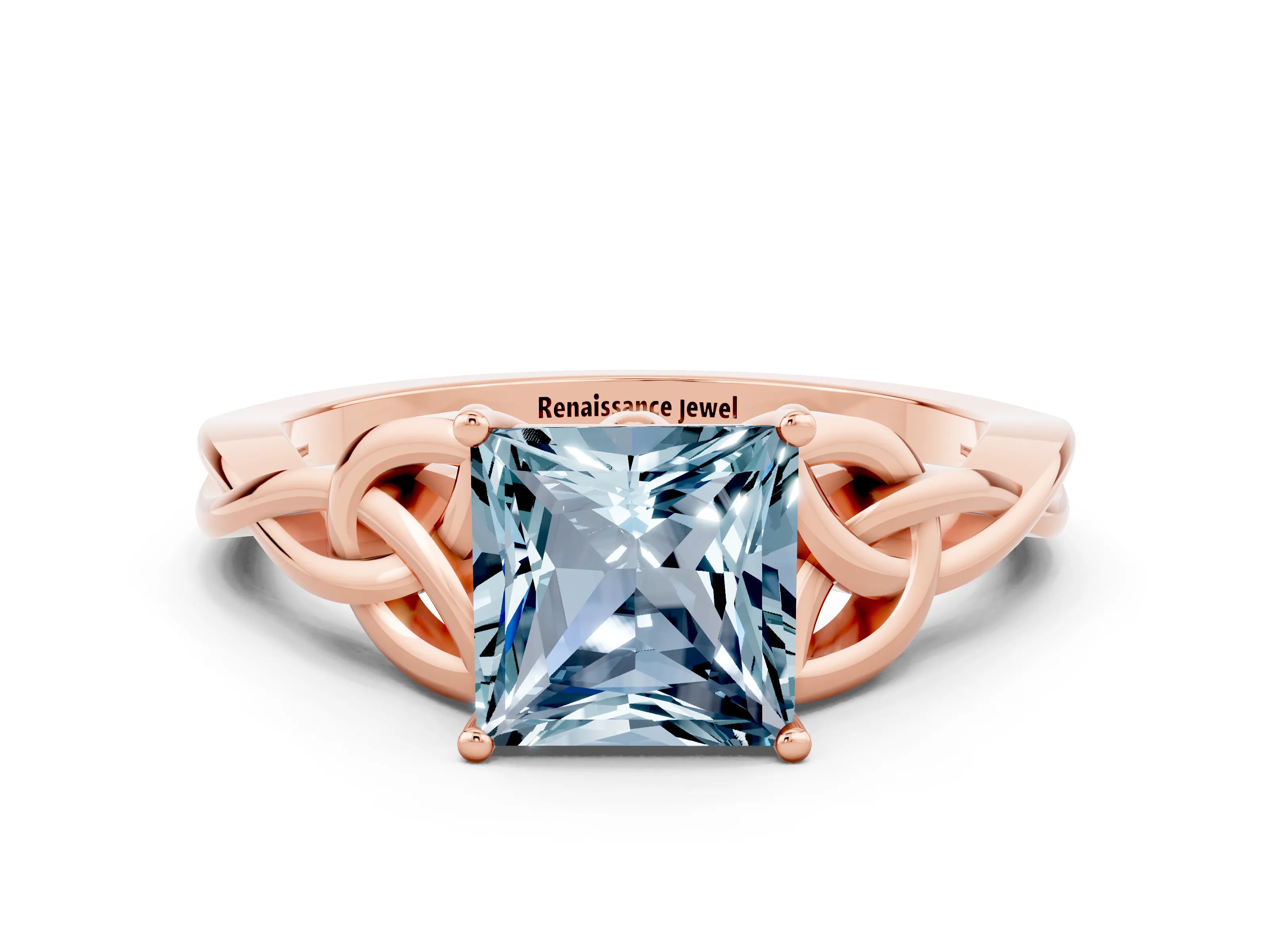 Rose gold Princess Cut Aquamarine Solitaire Celtic Knot Ring with Four-Prong Setting_12