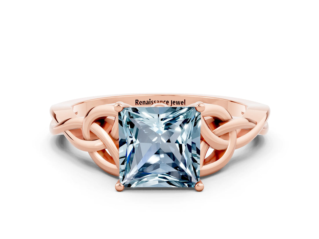 Rose gold Princess Cut Aquamarine Solitaire Celtic Knot Ring with Four-Prong Setting_12
