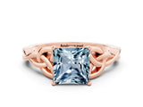 Rose gold Princess Cut Aquamarine Solitaire Celtic Knot Ring with Four-Prong Setting_12