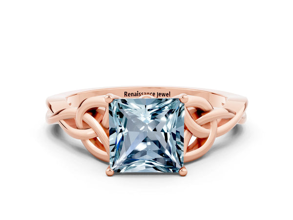 Rose gold Princess Cut Aquamarine Solitaire Celtic Knot Ring with Four-Prong Setting