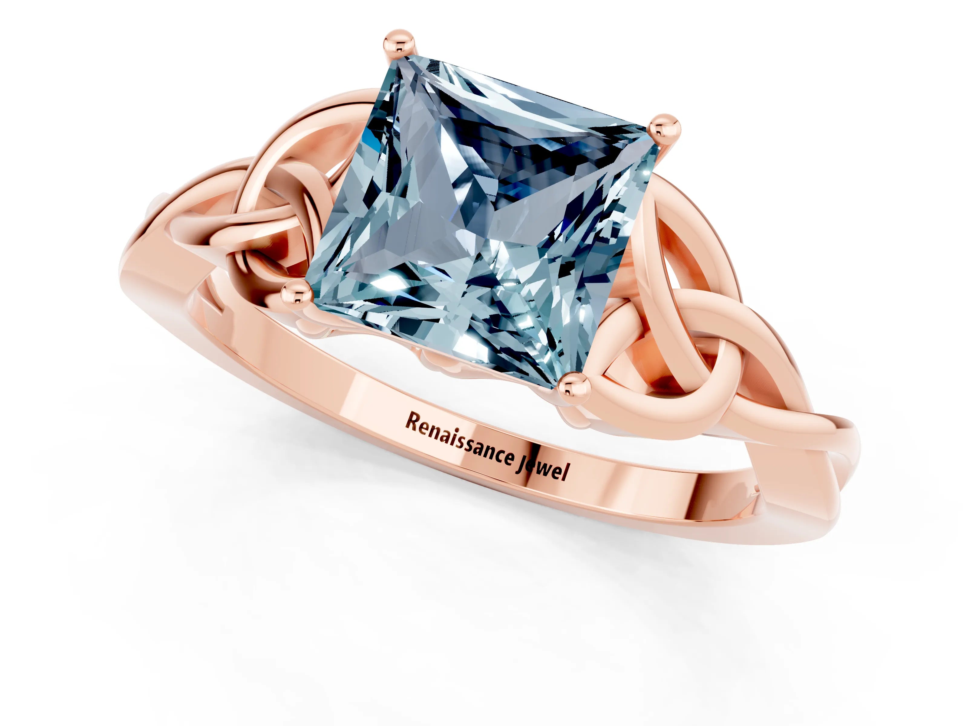 Rose gold Princess Cut Aquamarine Solitaire Engagement Ring with Celtic Knot Band and Four-Prong Setting_1