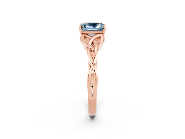 Rose gold Princess Cut Aquamarine Solitaire Engagement Ring with Celtic Knot Band and Four-Prong Setting
