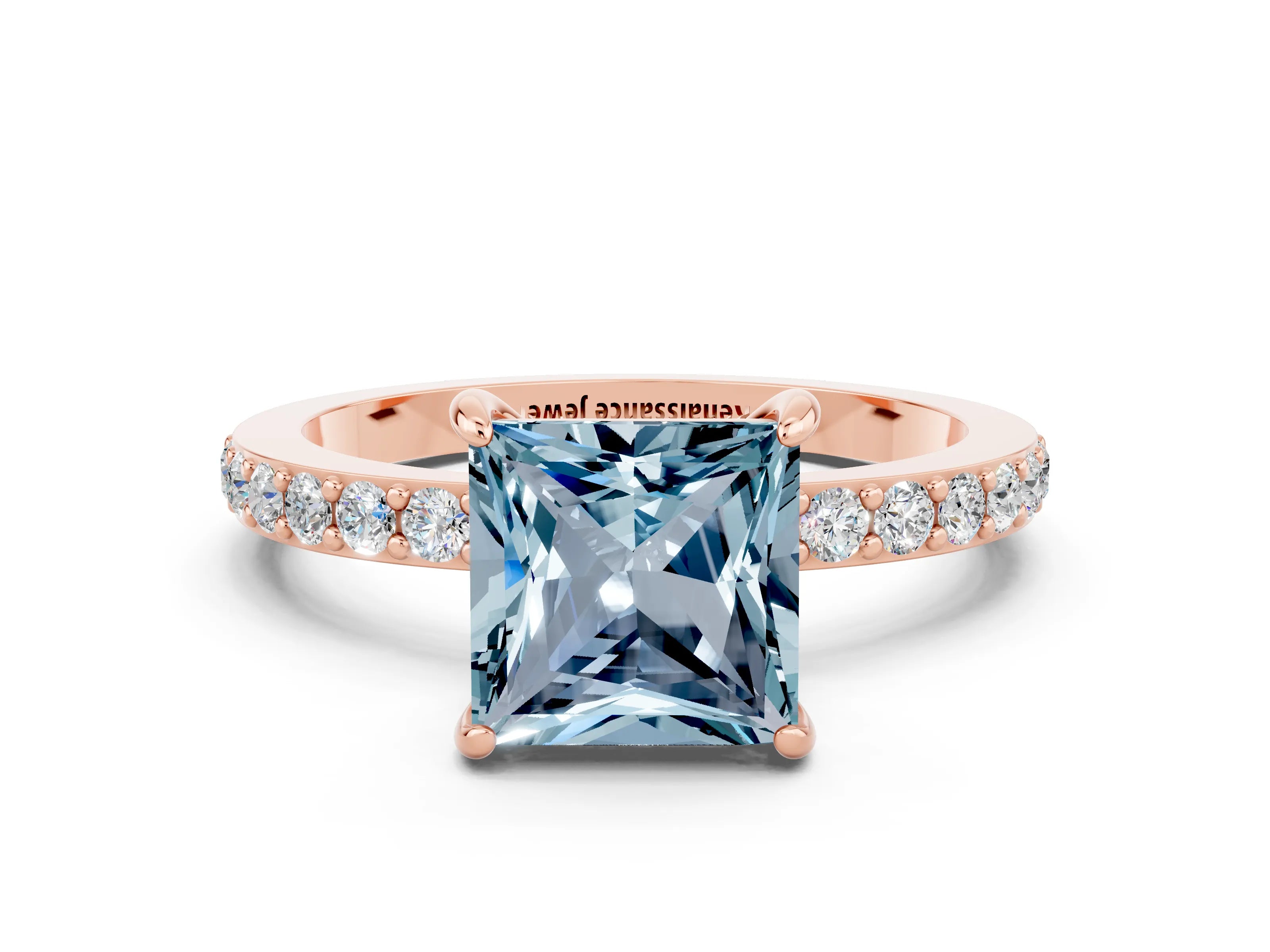 Rose gold Princess Cut Aquamarine Solitaire Engagement Ring with Pavé Band and Four-Prong Setting