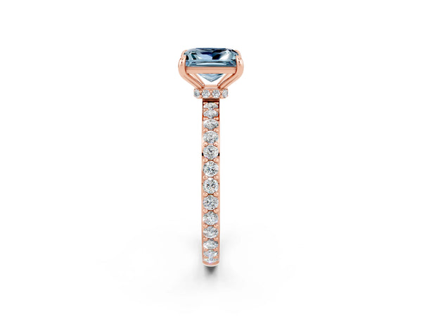 Rose gold Princess Cut Aquamarine Solitaire Engagement Ring with Pavé Band and Four-Prong Setting