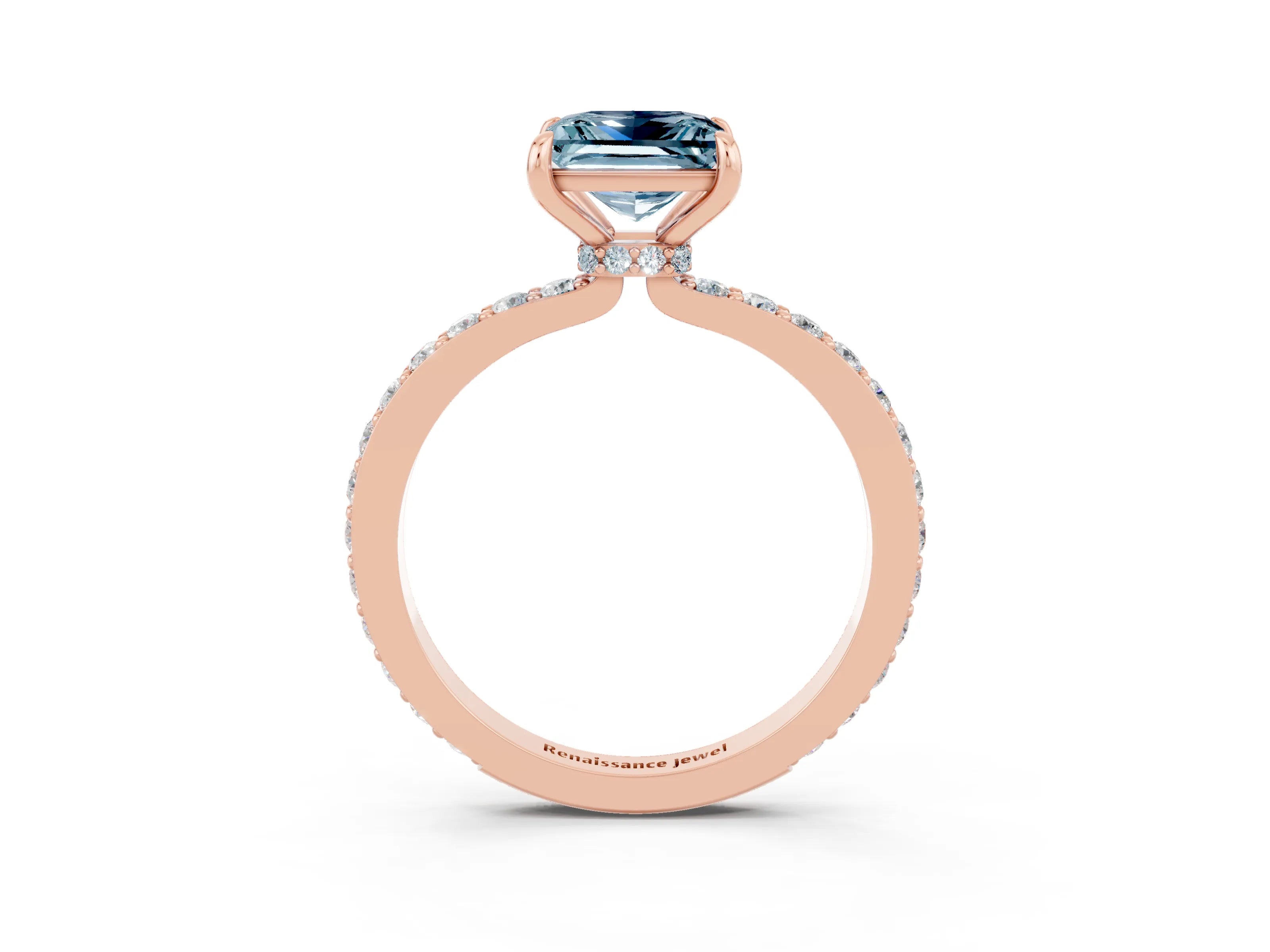 Rose gold Princess Cut Aquamarine Solitaire Engagement Ring with Pavé Band and Four-Prong Setting_3