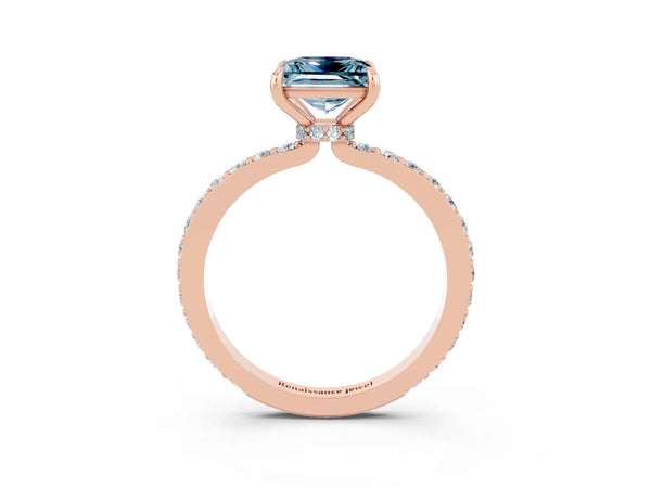 Rose gold Princess Cut Aquamarine Solitaire Engagement Ring with Pavé Band and Four-Prong Setting