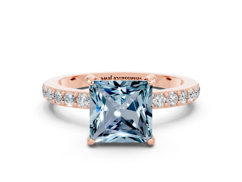 Rose gold Princess Cut Aquamarine Solitaire Engagement Ring with Pavé Band and Four-Prong Setting
