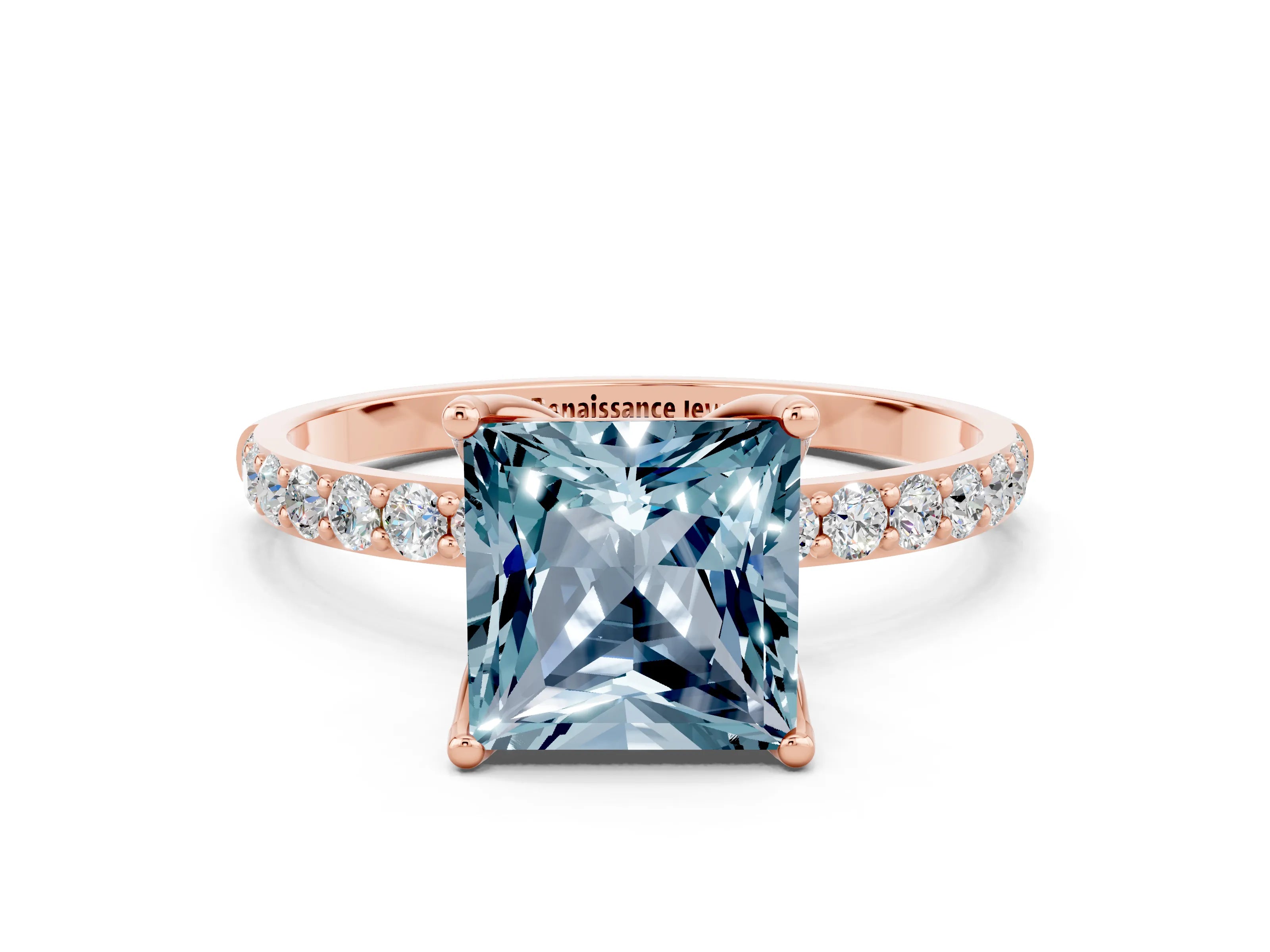 Rose gold Princess Cut Aquamarine Solitaire Engagement Ring with Pavé Band and Prong Setting