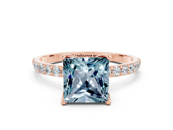 Rose gold Princess Cut Aquamarine Solitaire Engagement Ring with Round  Pavé Band and Prong Setting