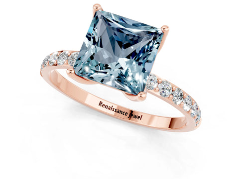 Rose gold Princess Cut Aquamarine Solitaire Engagement Ring with Pavé Band and Prong Setting_1