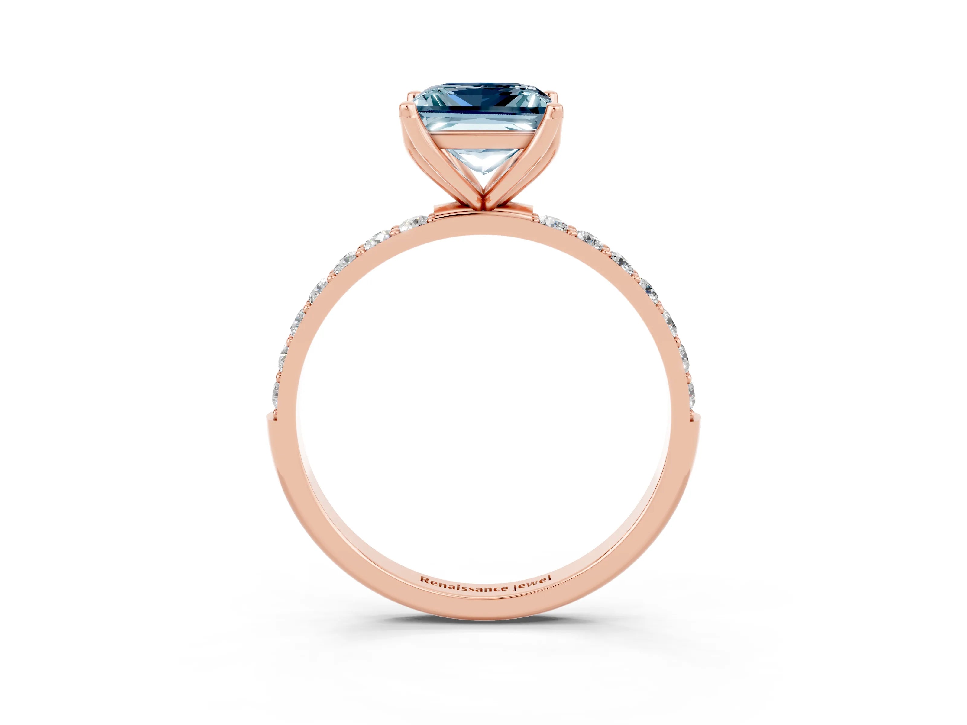Rose gold Princess Cut Aquamarine Solitaire Engagement Ring with Pavé Band and Prong Setting_3