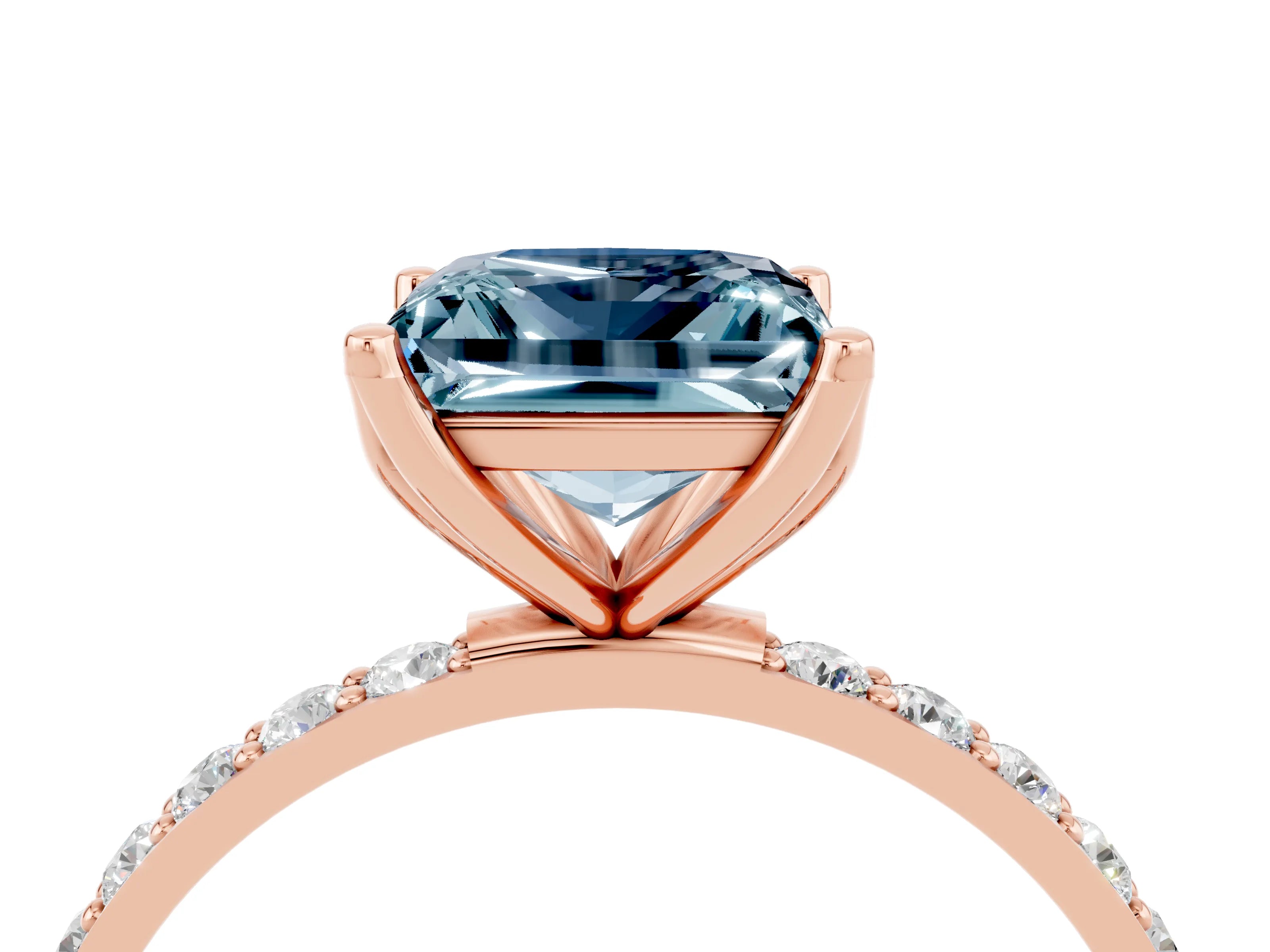 Rose gold Princess Cut Aquamarine Solitaire Engagement Ring with Pavé Band and Prong Setting_4