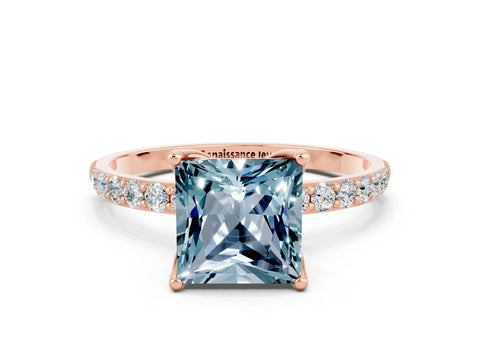 Rose gold Princess Cut Aquamarine Solitaire Engagement Ring with Pavé Band and Prong Setting