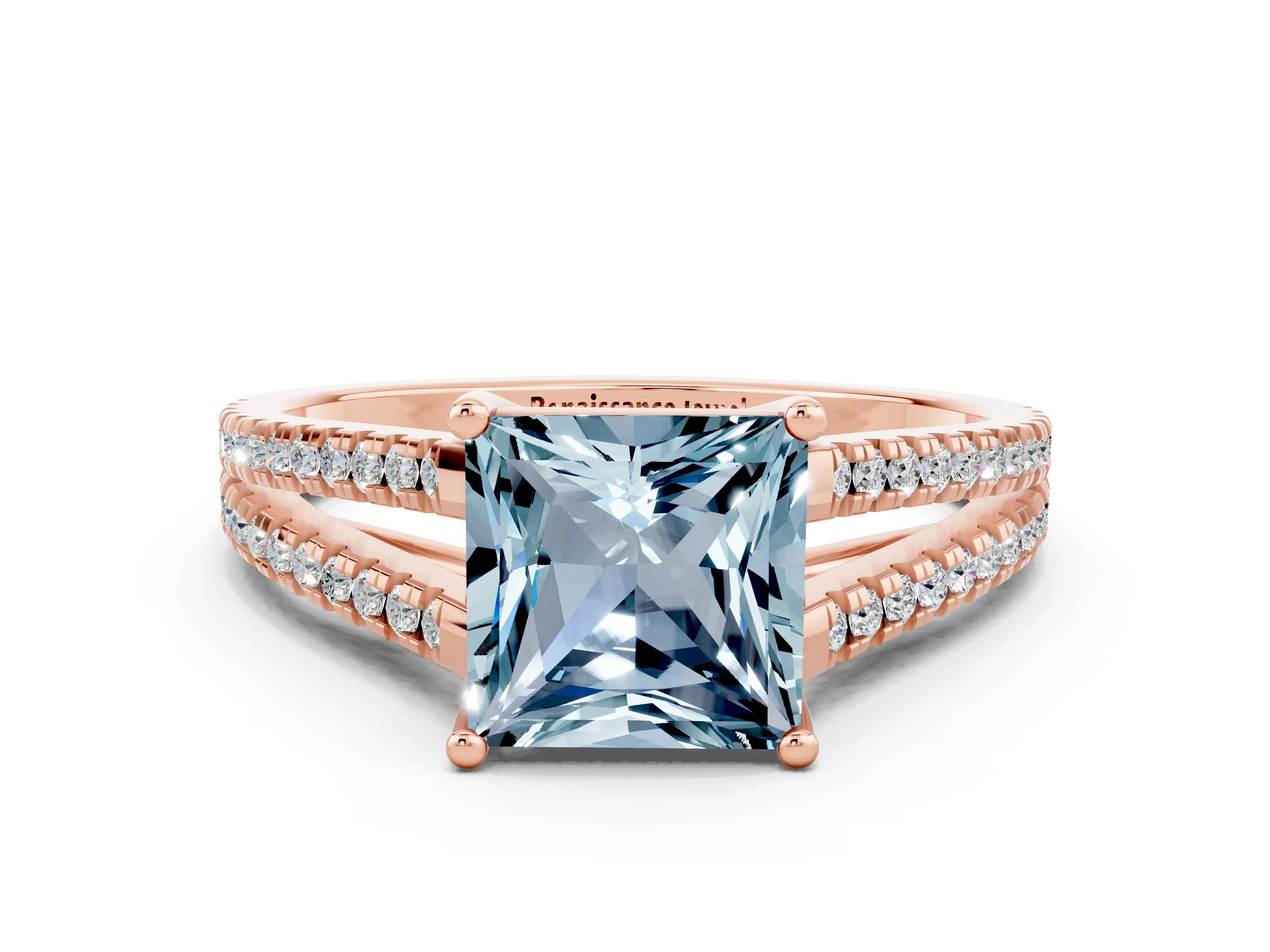 Rose gold Princess Cut Aquamarine Solitaire Engagement Ring with Split Shank Pavé Band