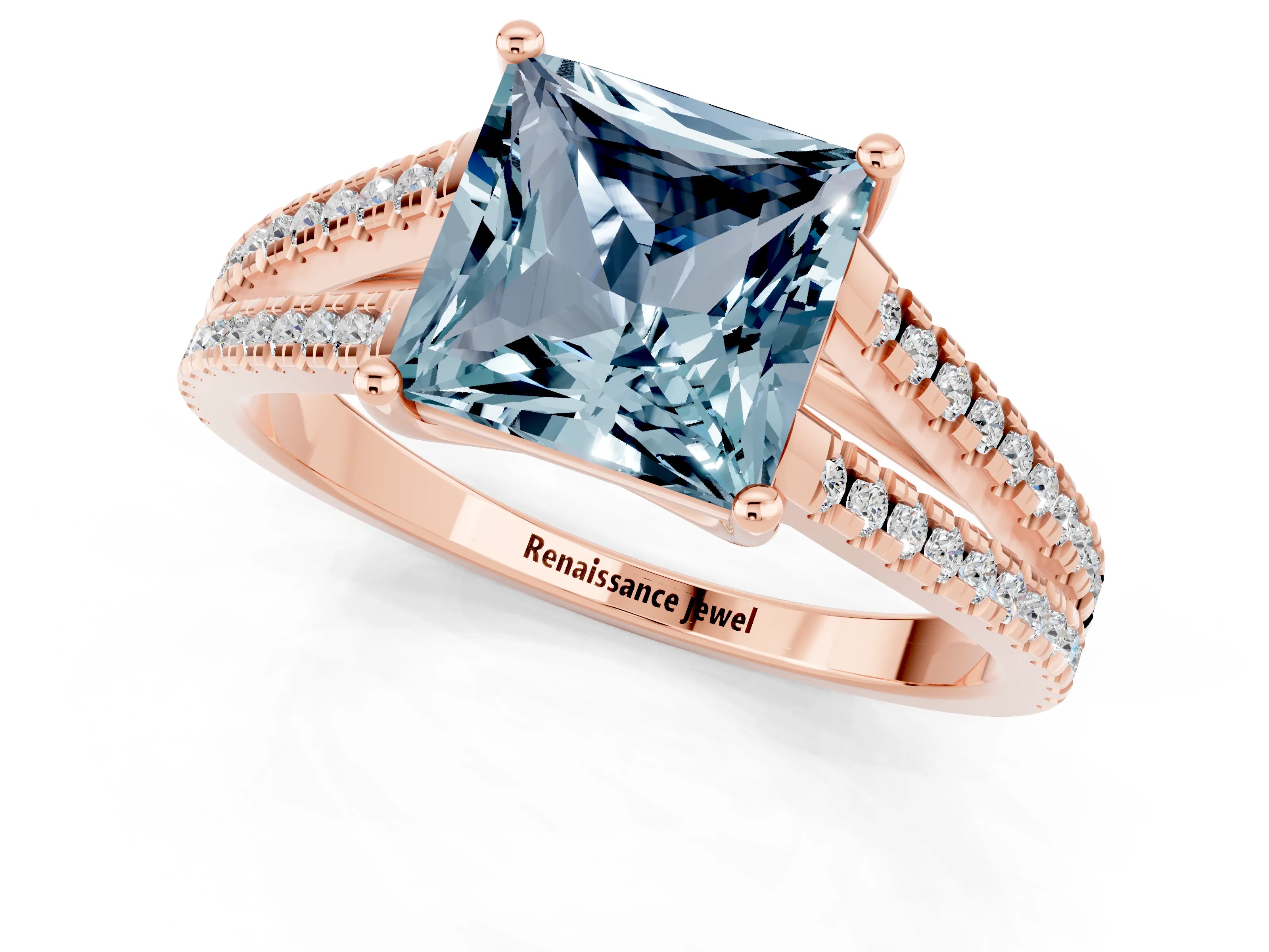 Rose gold Princess Cut Aquamarine Solitaire Engagement Ring with Split Shank Pavé Band_1