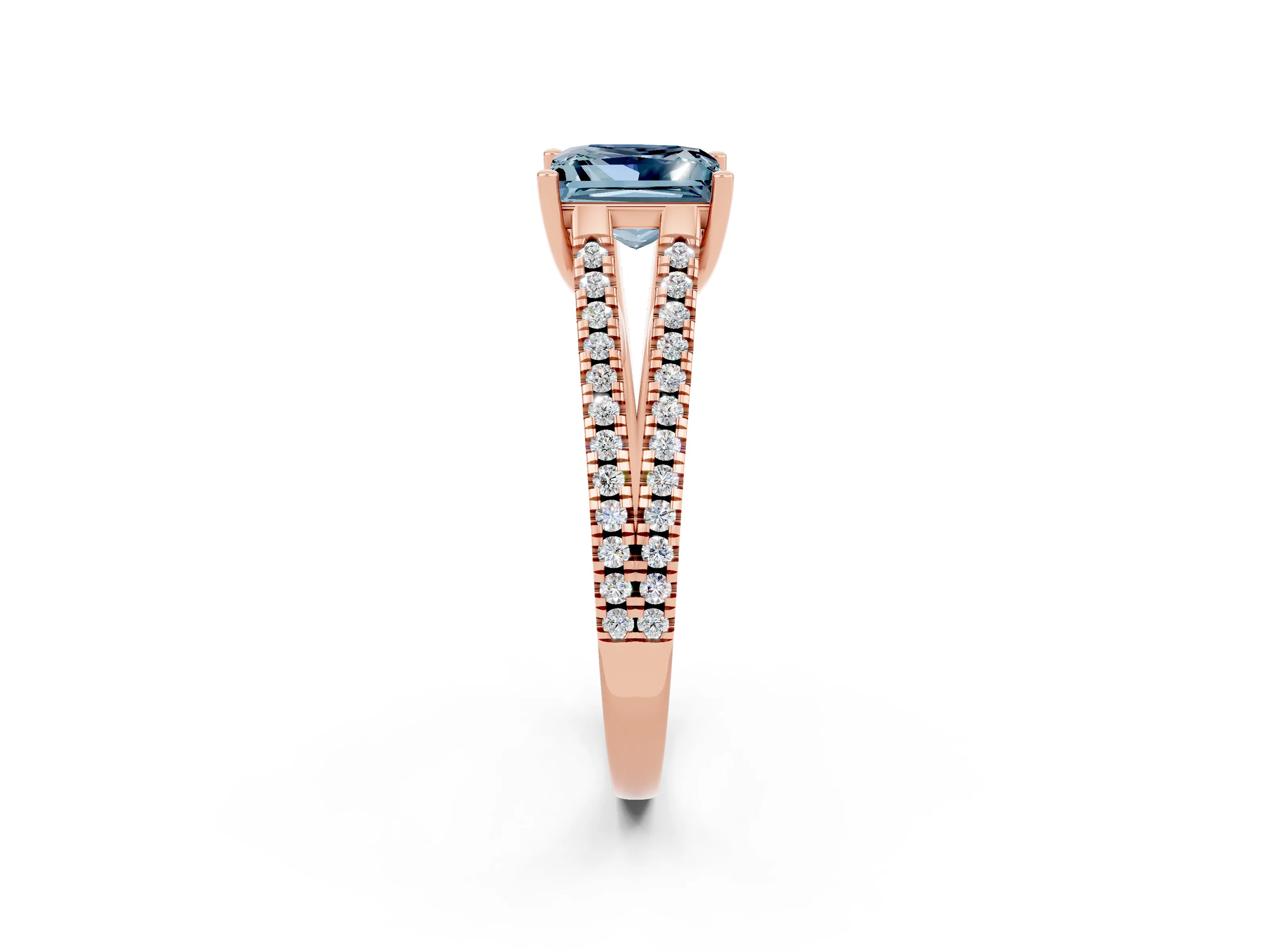 Rose gold Princess Cut Aquamarine Solitaire Engagement Ring with Split Shank Pavé Band_2