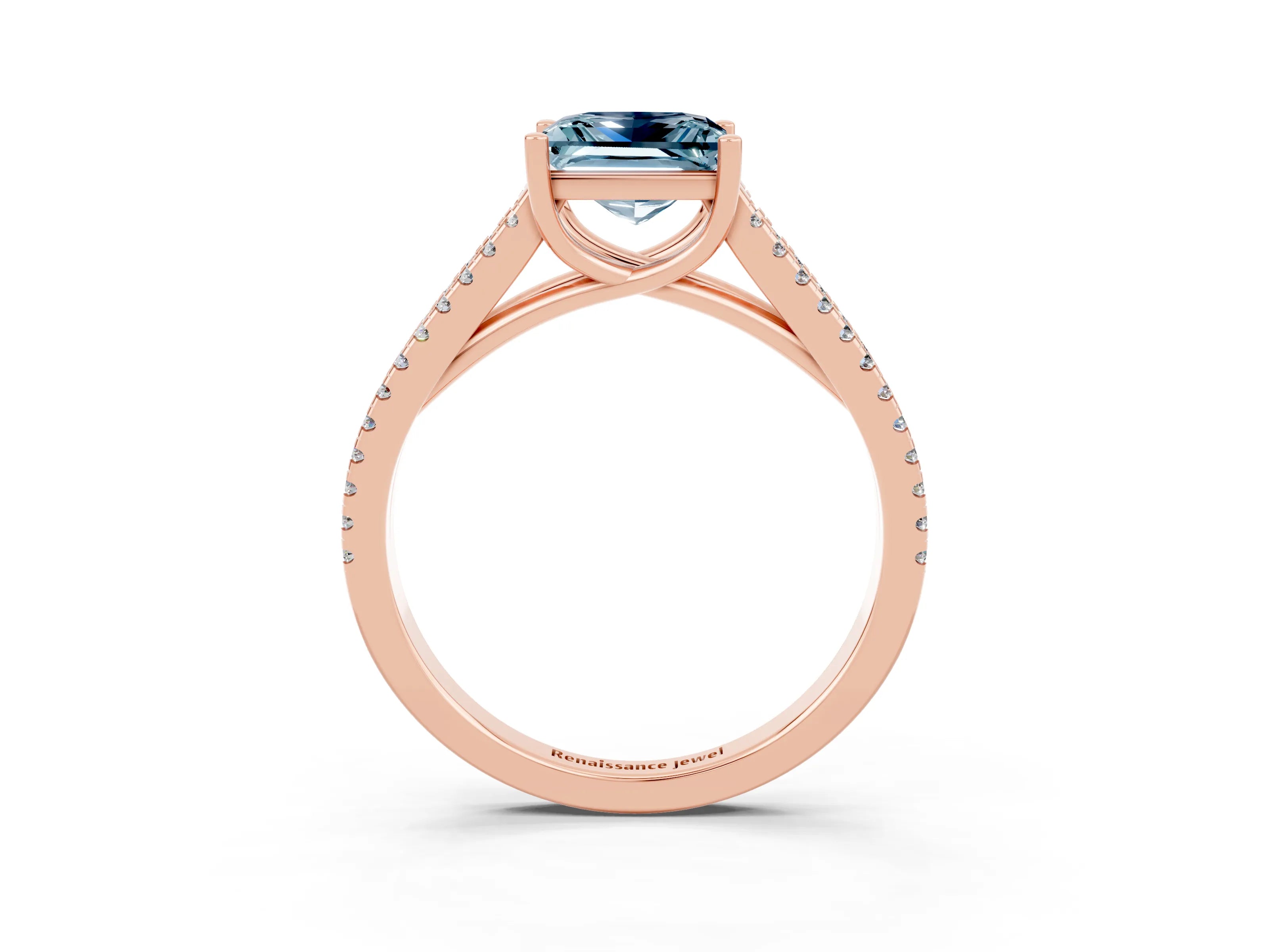 Rose gold Princess Cut Aquamarine Solitaire Engagement Ring with Split Shank Pavé Band_3