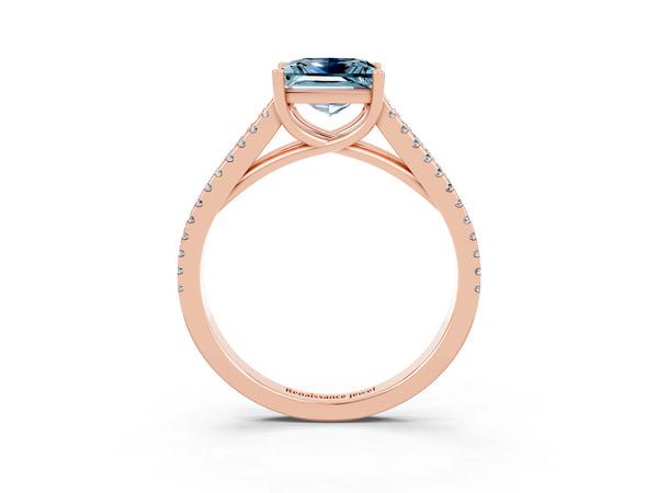 Rose gold Princess Cut Aquamarine Solitaire Engagement Ring with Split Shank Pavé Band