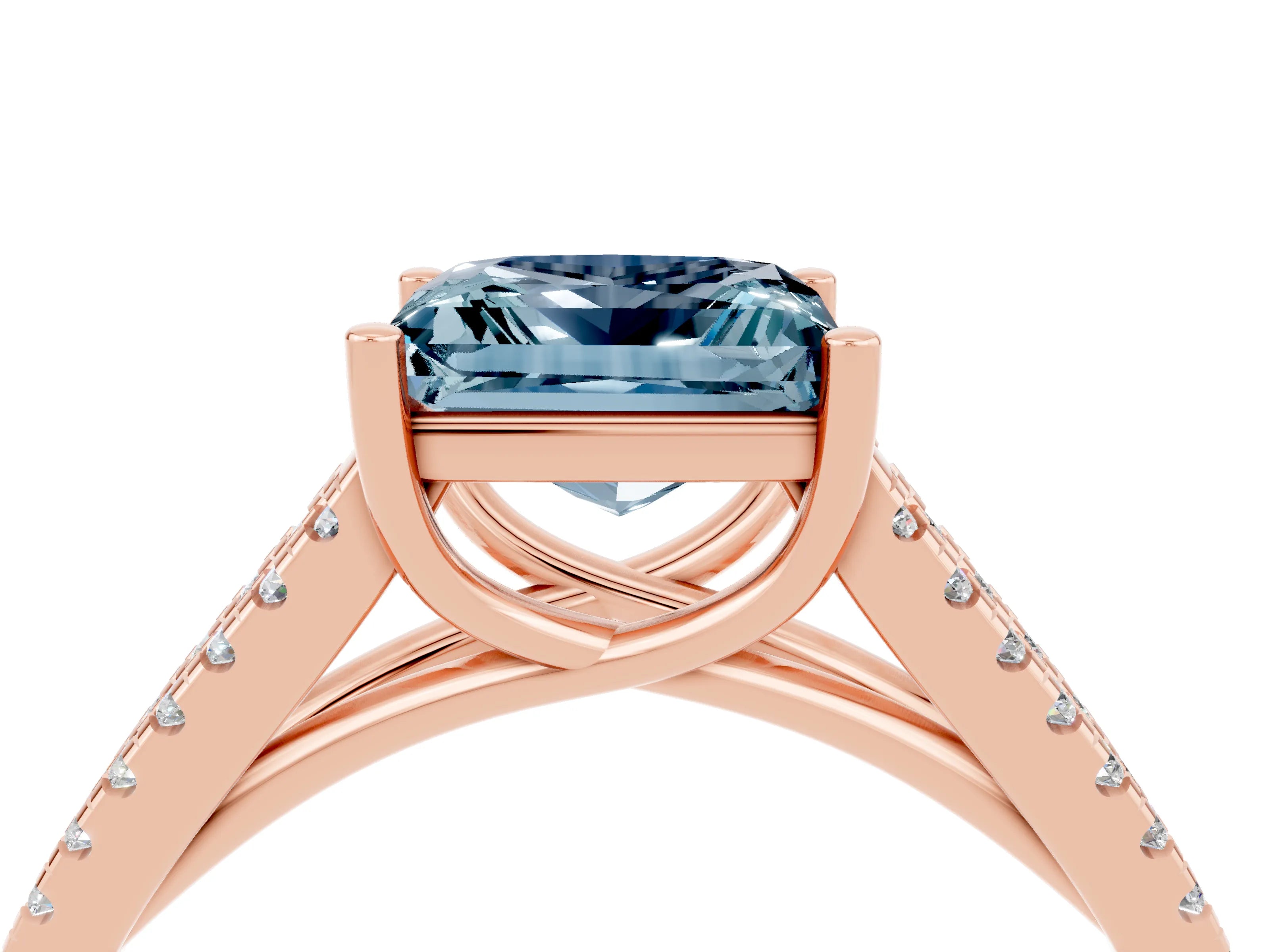 Rose gold Princess Cut Aquamarine Solitaire Engagement Ring with Split Shank Pavé Band_4