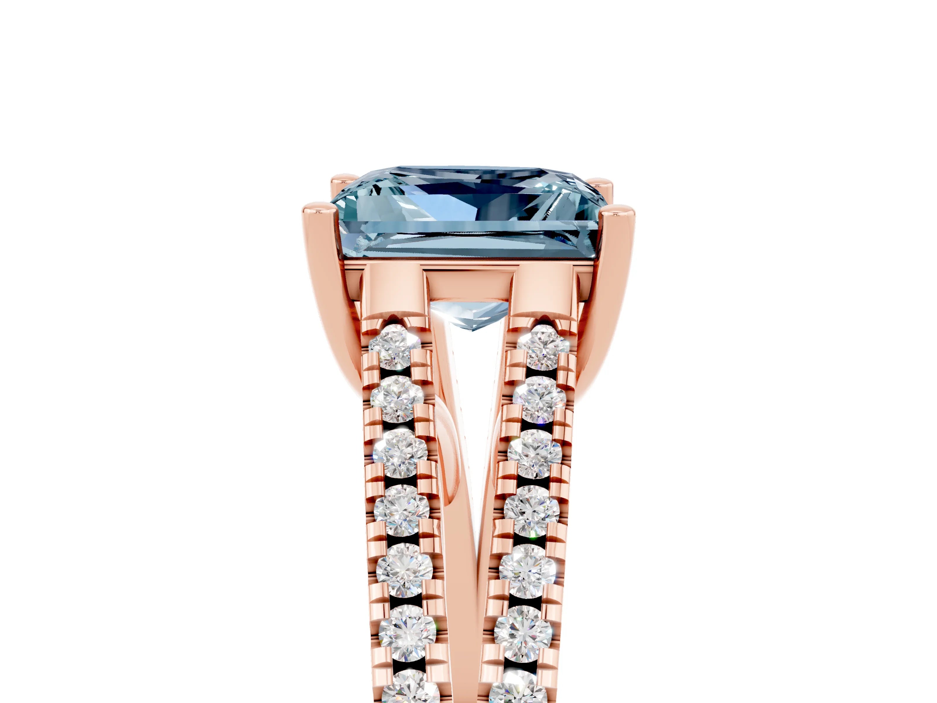 Rose gold Princess Cut Aquamarine Solitaire Engagement Ring with Split Shank Pavé Band_5