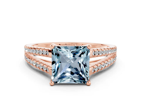 Rose gold Princess Cut Aquamarine Solitaire Engagement Ring with Split Shank Pavé Band