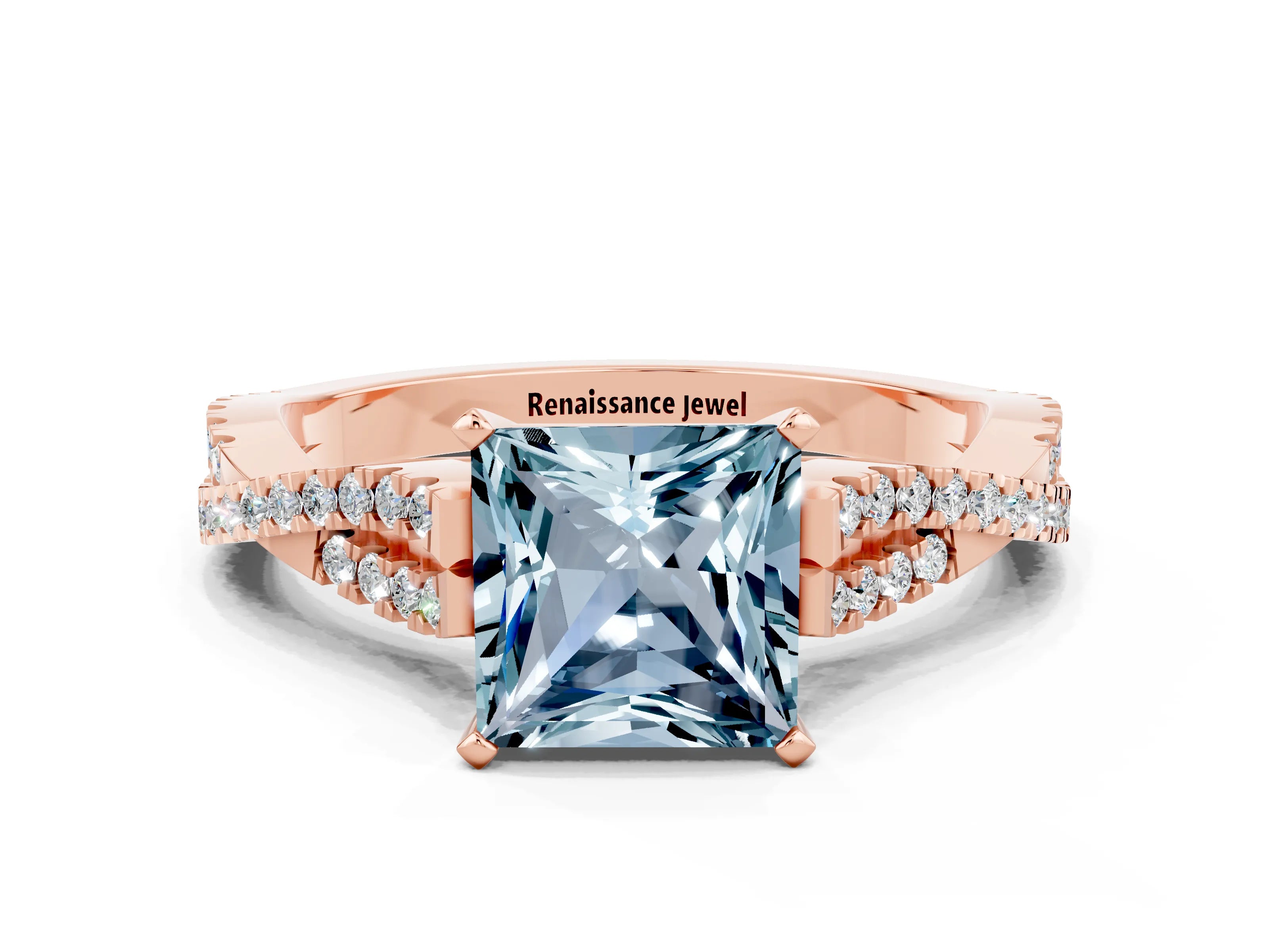 Rose gold Princess Cut Aquamarine Solitaire Engagement Ring with Twisted Pavé Band and Four-Prong Setting_12